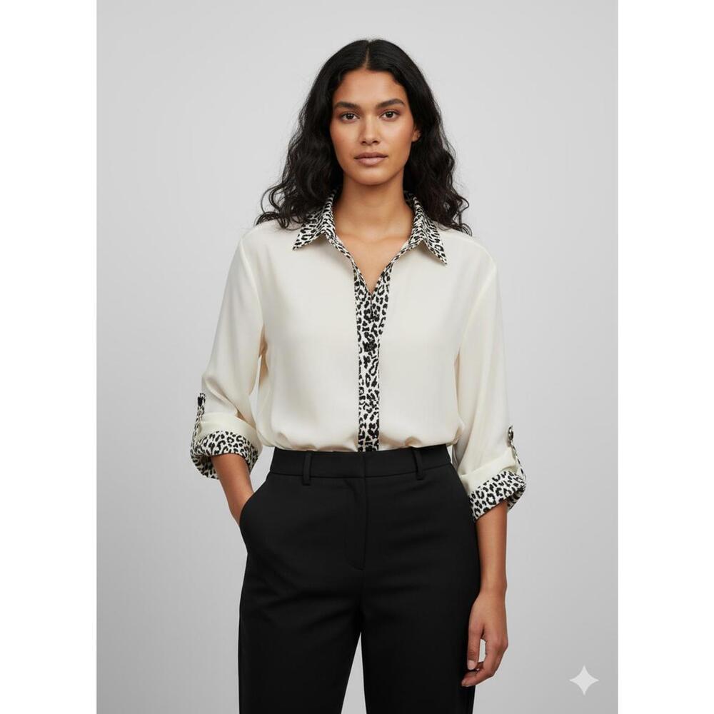 Tucker Women's Silk Blouse with Animal Print Collar and Button Line Trim Size S